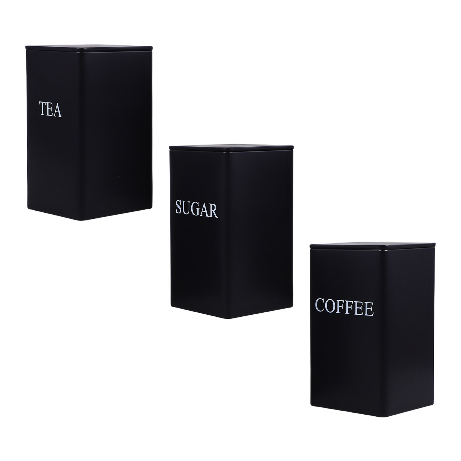 Coffee Tea Sugar - 3個入り、キッチン収納用金属製キャニスター、黒色、コーヒー、紅茶、砂糖用、ラベル付き、密閉式、カウンタートップ用、素朴な農家風、クッキー入れセット。