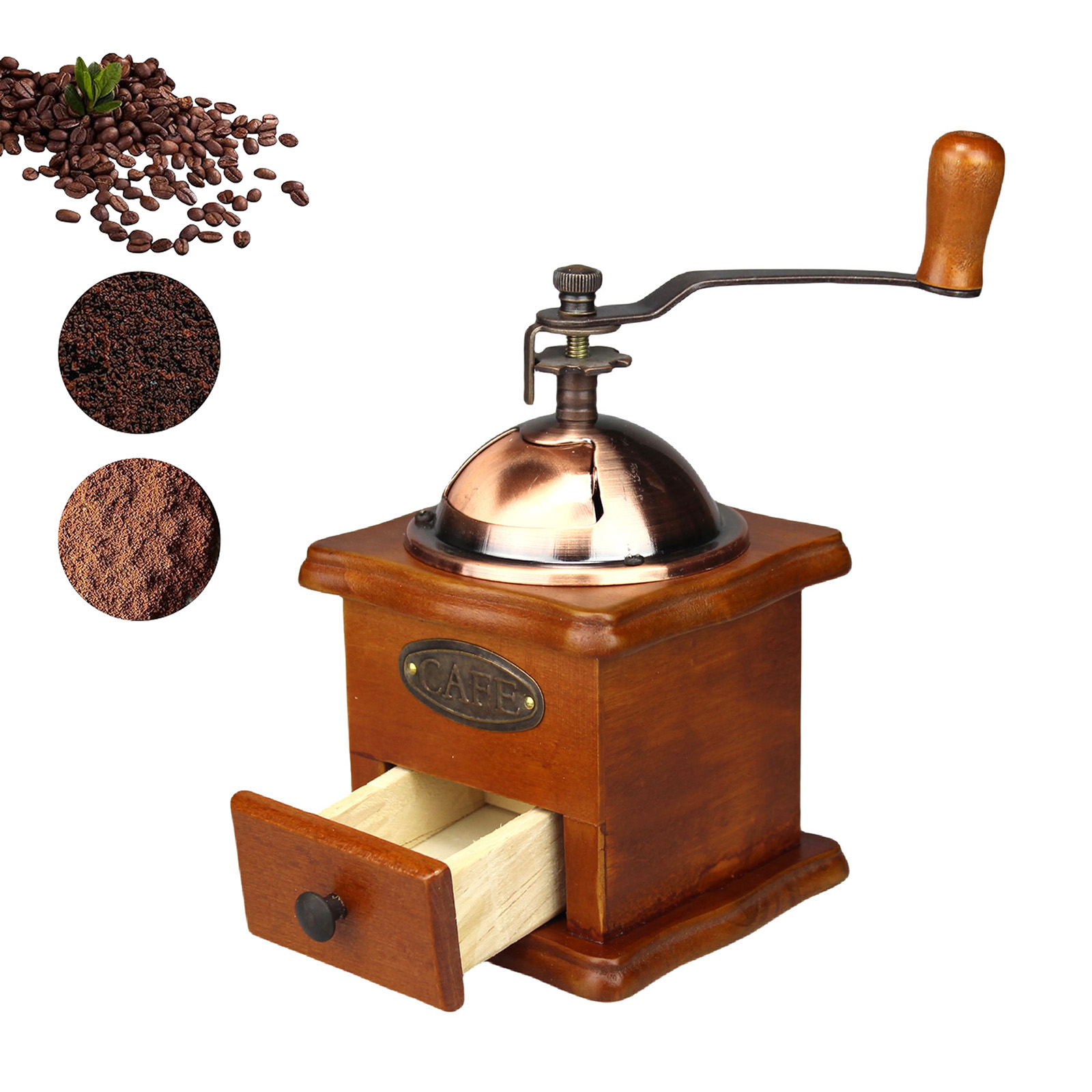 Burr Hand Grinder - アンティークの手動コーヒーグラインダー,ハンドクランク,豆のミル,クラシックな木製セラミックバー,スパイス,レトロなヴィンテージの調整可能なコーヒーマシン