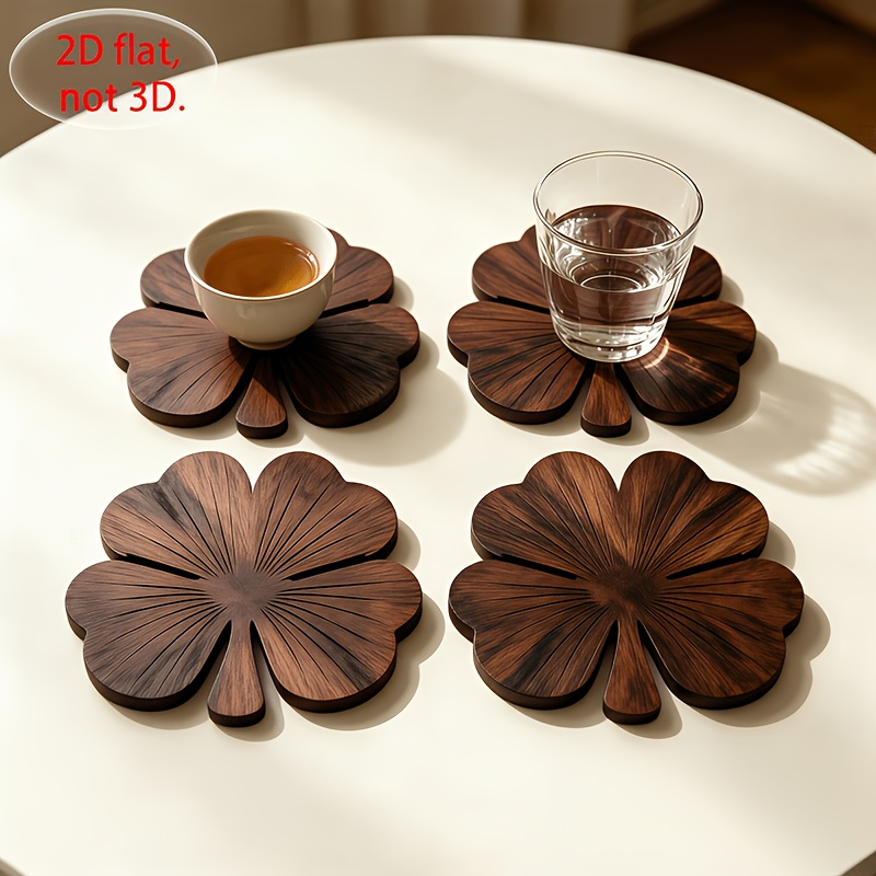 Coffee Tea And Sugar Set - 4個入り 2Dフラットクローバー木製コースター、ウォールナット調のデスクトップ保護セット（コーヒーや紅茶のカップ用）