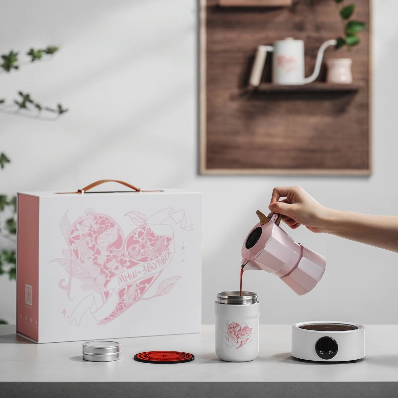 Moka Pot Stove - MHW-3BOMBER モカポットセット エスプレッソ用モカコーヒーボックス（カップ＆電気ストーブ付き） バレンタインデーの贈り物に最適な、上品なギフトボックス