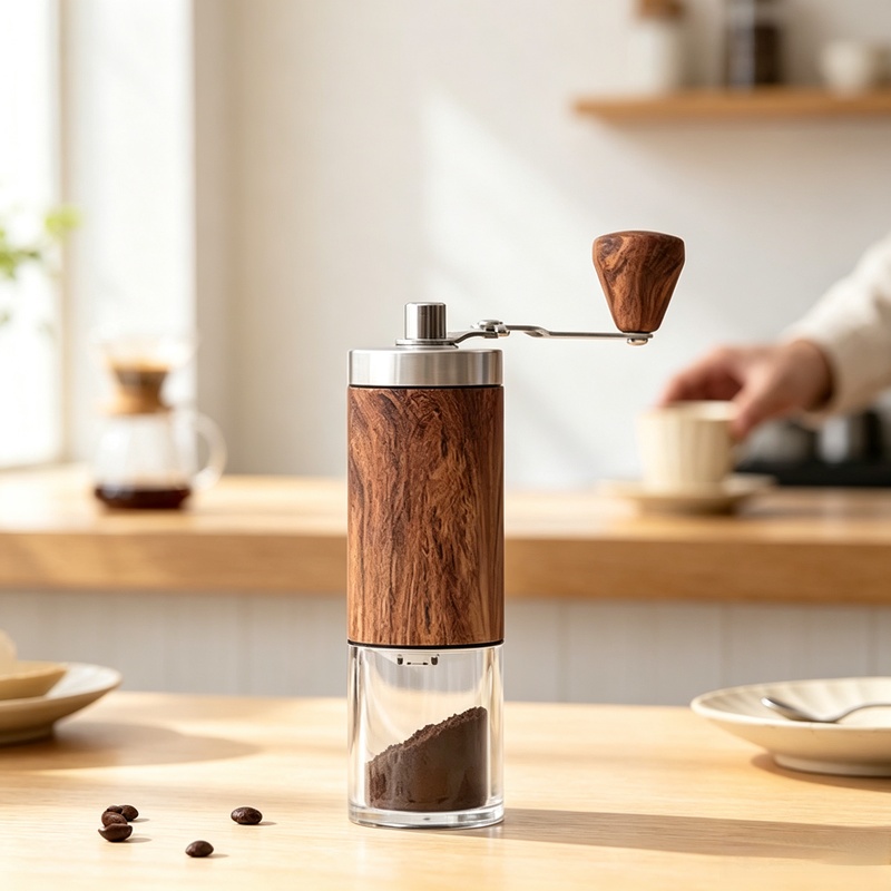 ポータブル木目調手動コーヒーグラインダー、ステンレス製クラン - Burr Hand Grinder のレビューと価格