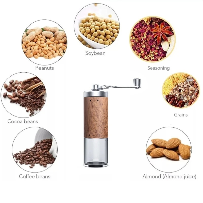 ポータブル木目調手動コーヒーグラインダー、ステンレス製クラン - Burr Hand Grinder のレビューと価格
