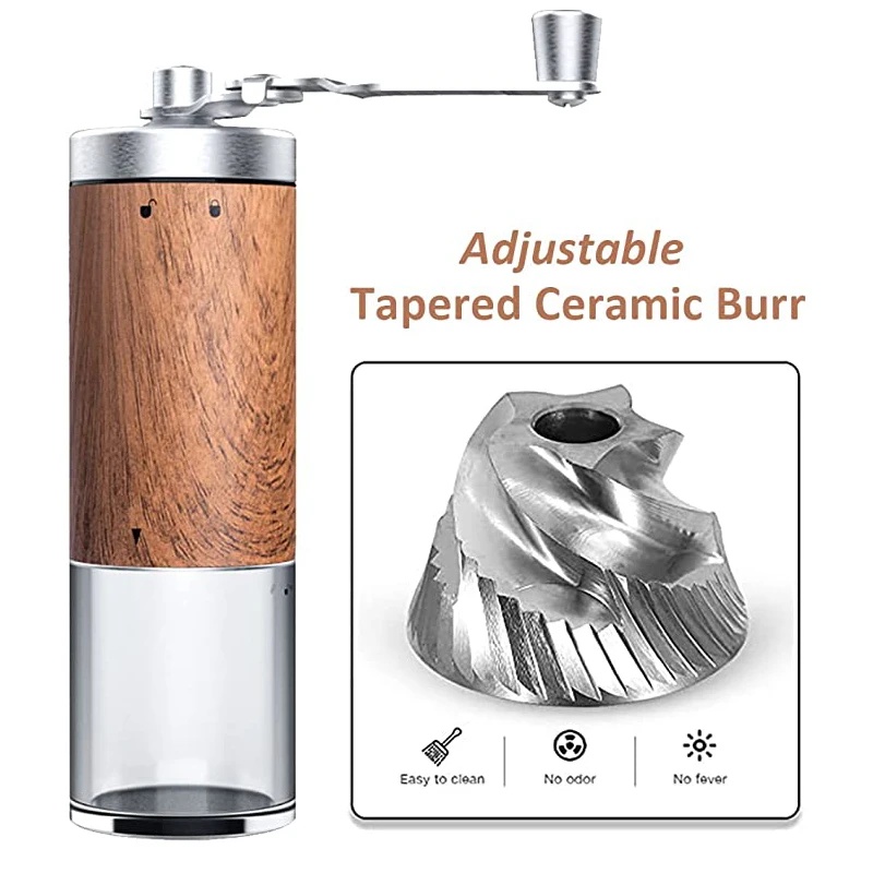 ポータブル木目調手動コーヒーグラインダー、ステンレス製クラン - Burr Hand Grinder のレビューと価格