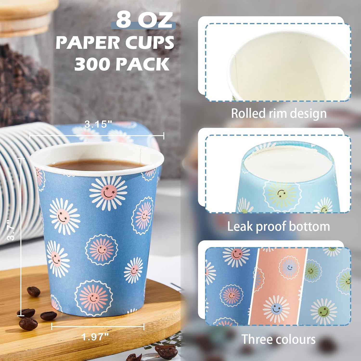 300個入り 8オンス 使い捨て紙コップ、花柄デイジーデザイ - Coffee Tea Images のレビューと価格