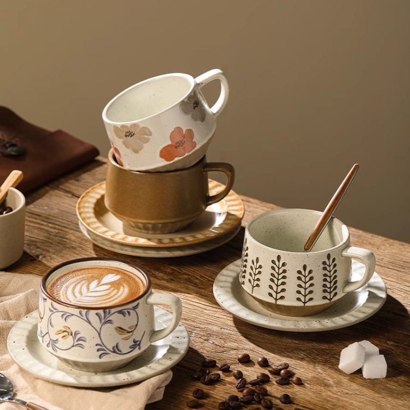 レトロセラミックカップ粗い陶器小容量コーヒーカップとソーサー - Coffee Tea And Sugar Set のレビューと価格