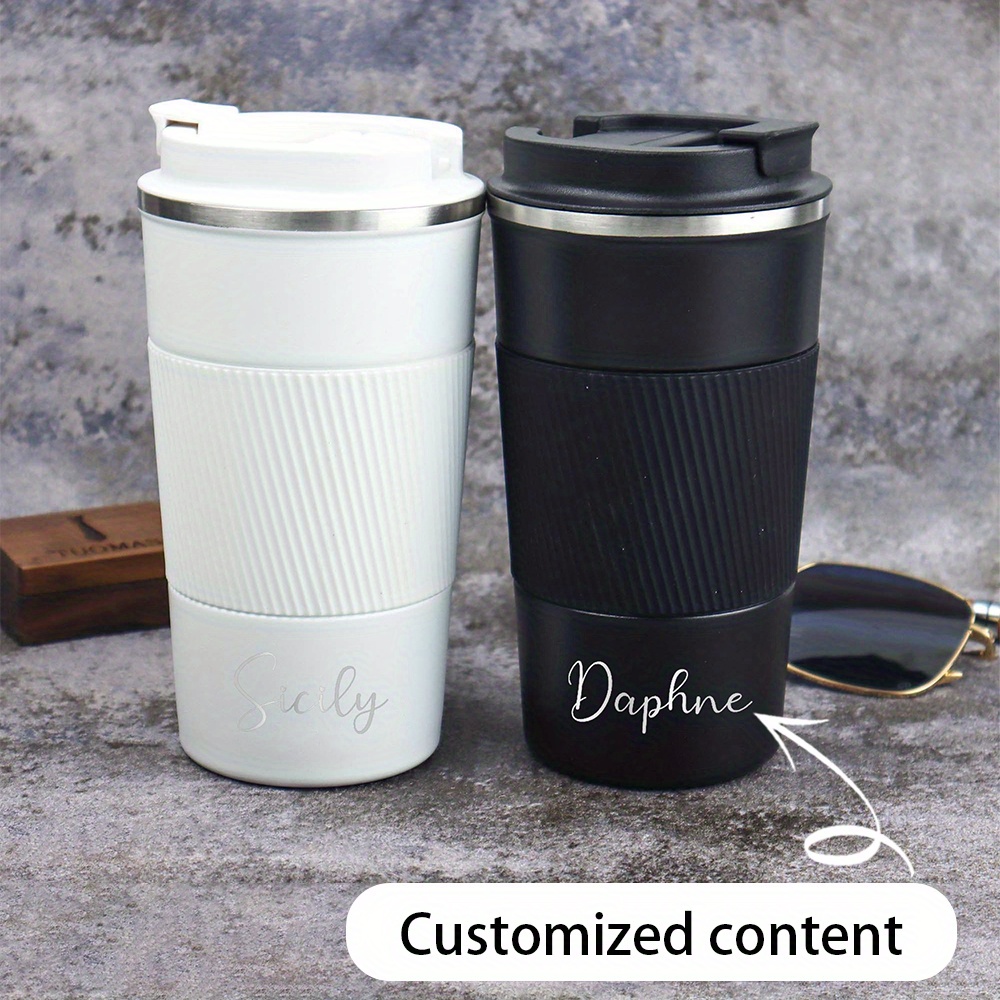 名前を刻印できるステンレス製のトラベルコーヒーマグ。フリップ - Coffee Tea Name のレビューと価格