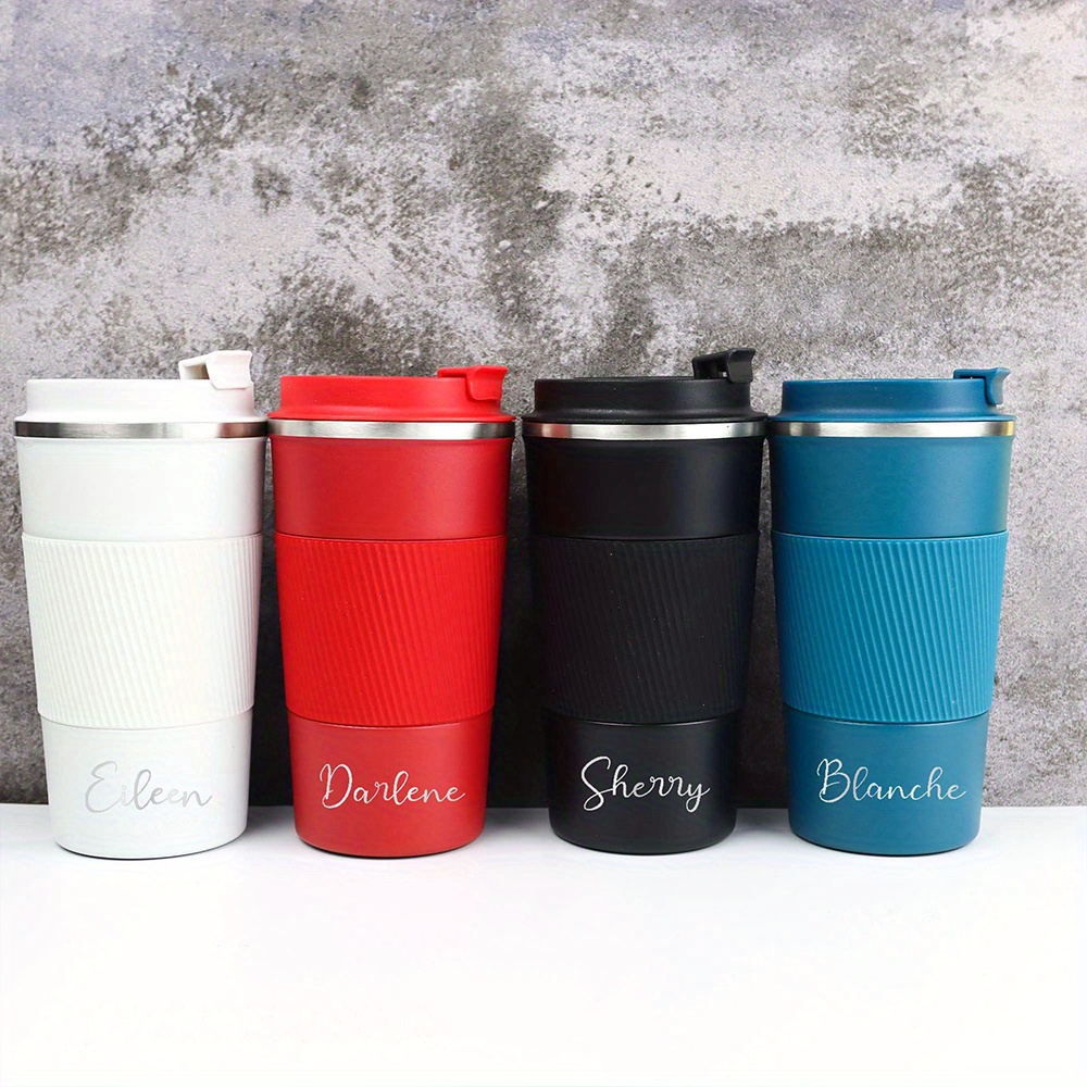 名前を刻印できるステンレス製のトラベルコーヒーマグ。フリップ - Coffee Tea Name のレビューと価格