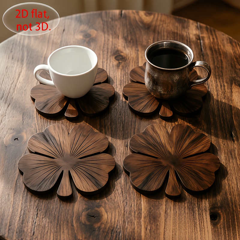4個入り 2Dフラットクローバー木製コースター、ウォールナッ - Coffee Tea And Sugar Set のレビューと価格
