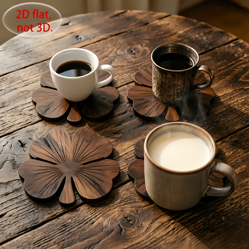 4個入り 2Dフラットクローバー木製コースター、ウォールナッ - Coffee Tea And Sugar Set のレビューと価格